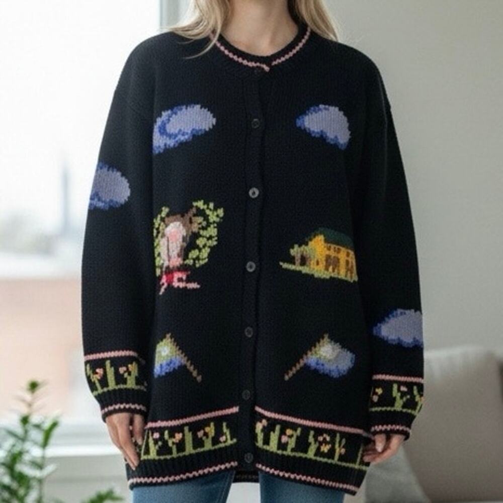 Vintage Celina Yang Cottagecore Farm Cows Chunky Knit Sweater
